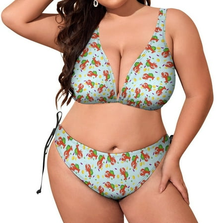 Cartoon Red Lobster And Lemon Print Bathing Suit for Women Swimsuits Sexy Bikini Set Two Piece Swimsuit Halter Triangle Swimwear 4XL