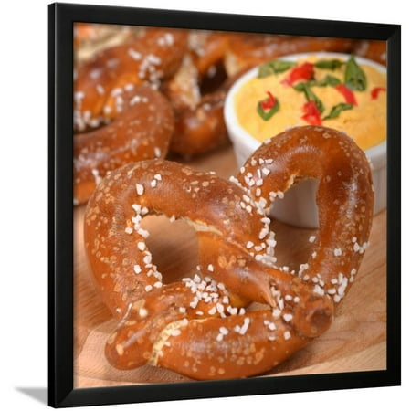Cheddar Pretzel - Delicious and Rustic Fresh German Style Pretzel Served with a Cheddar Cheese Spread Framed Print Wall Art By HHLtDave5