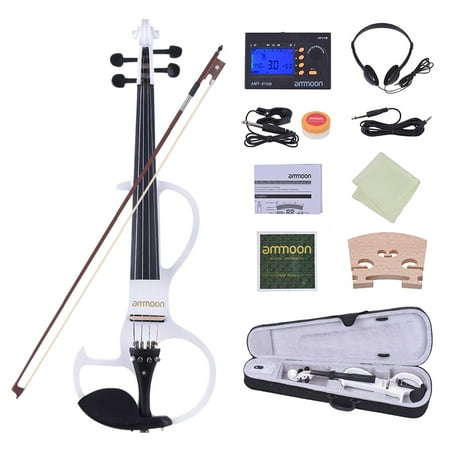 White Violins 4 4 ammoon Full Size 4/4 Solid Wood Electric Silent Violin Fiddle Style-3 Ebony Fingerboard Pegs Chin Rest Tailpiece ()