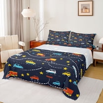 Feelyou Cartoon Car Bus Bed Sheets, Star Lines Stripes King Sheets, 4-Piece