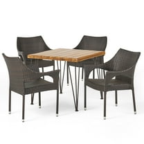 GDF Studio Botsford Outdoor Acacia Wood and Wicker 5 Piece Dining Set, Teak and Multibrown