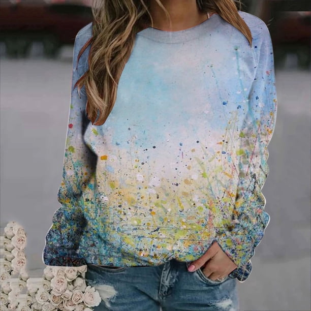 Pntutb Moda Mujer Manga Larga Cuello Redondo Impreso Sudadera Blusa Pullover top Pntutb Pntutb-6694