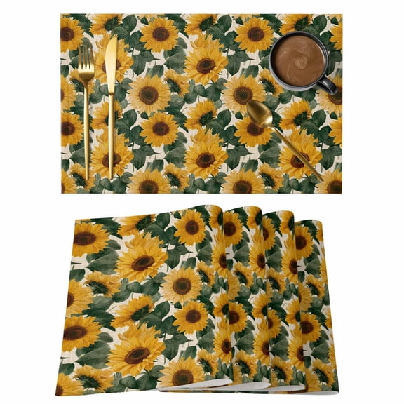 Placemats Set of 4, Sunflower Woven Placemat, Linen Place Mats for Kitchen/Dining Tables, Summer Floral Botanical Watercolor Yellow Green Washable Table Mats for Party