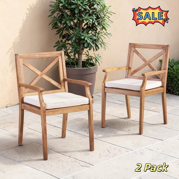 Tcbosik Acacia Wood Outdoor Chair Set of 2 with Cushions, Dining Armchair for Garden, Deck, Porch, Backyard, Cream & Teak