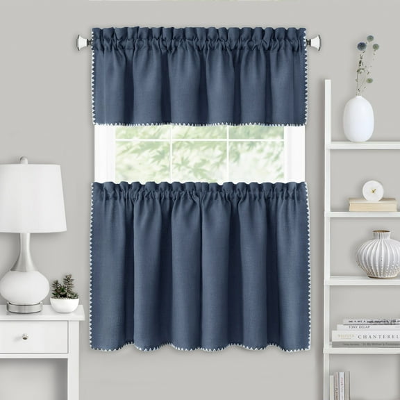 Achim Kendal Solid Rod Pocket Light Filtering Tier and Valance Curtain Set, Blue/White, 58" x 24"