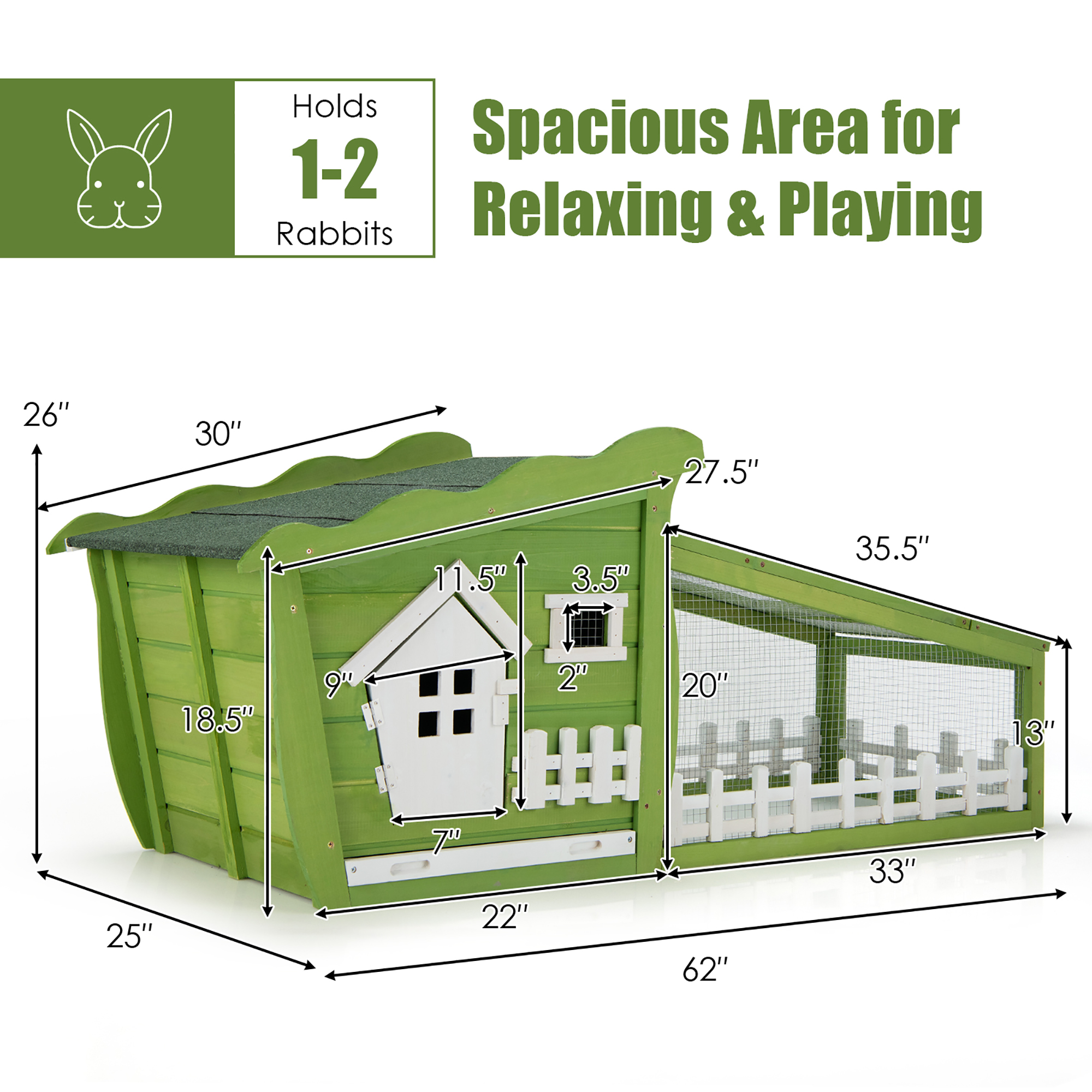 Costway 62'' Wooden Rabbit Hutch Indoor Outdoor Rabbit Cage Bunny House w/ Pull Out Tray Green