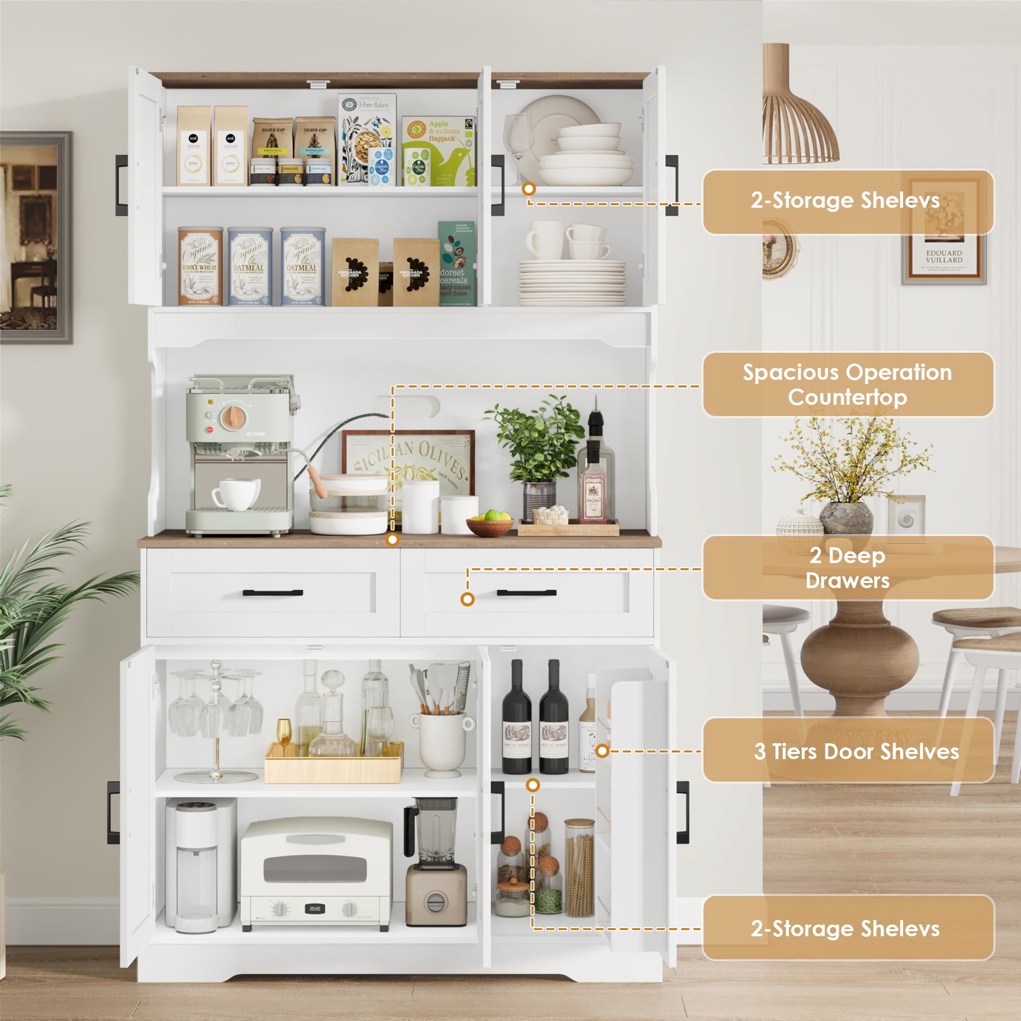 Homfa 74"H Pantry Cabinet with Hutch, Tall Kitchen Storage Cabinet with Microwave Stand and Drawers for Living Room, Dining Room, White