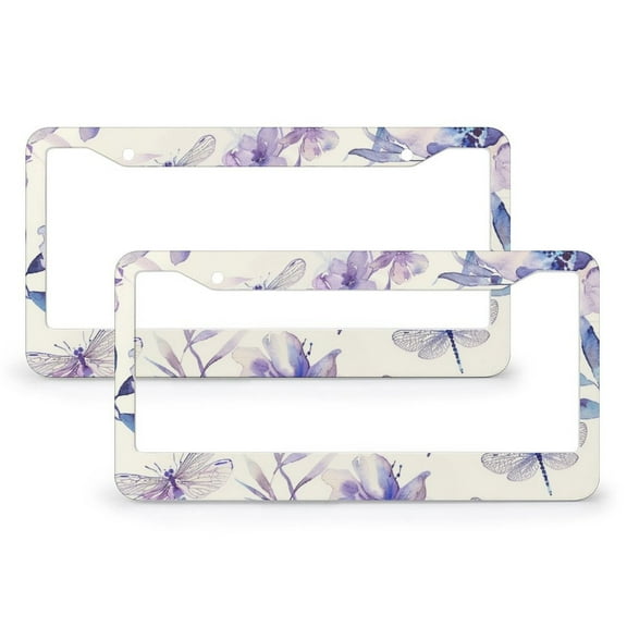 Purple And Blue Watercolor Flowers Dragonfly License Plate Frame 2 Pieces Purple Animal Flower Wings Dream License Plate Cover Frame for Men/Women 2 Hole Quality Aluminum Metal License Plate Cover