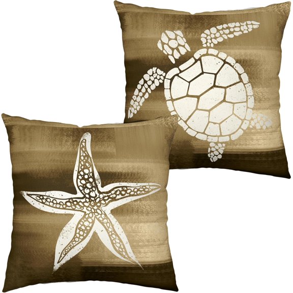 Starfish Sea Turtle Pillow Case Brown Beach Theme Throw Pillows Cover 18x18 Modern Coastal Pillow Covers for Patio Furniture Living Room Sofa Couch, Set of 2
