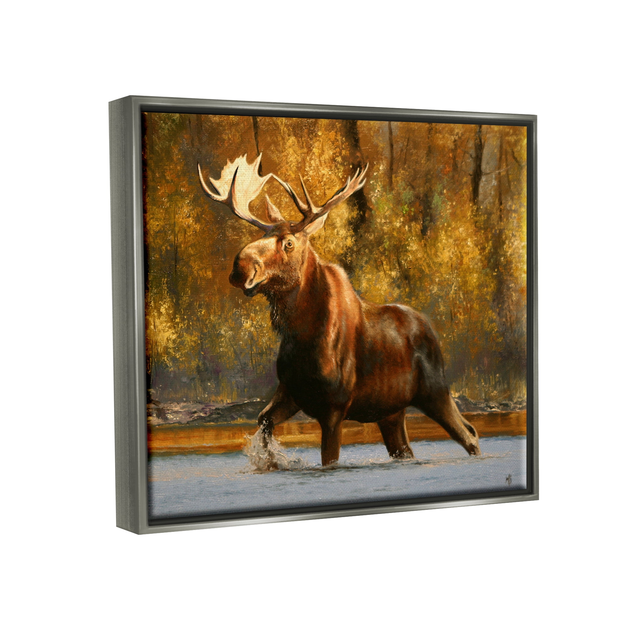 Stupell Industries Moose Stepping River Foliage Animals & Insects Photography Gray Floater Framed Art Print Wall Art, 21 x 17