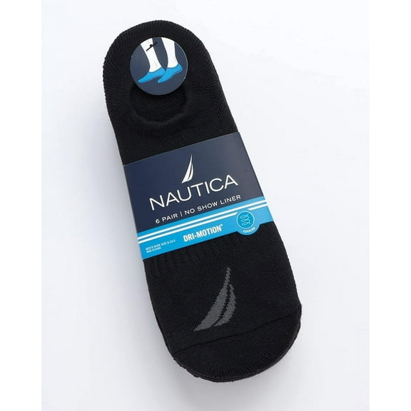 NAUTICA® Men's 6 PAIR NO SHOW LINER SOCKS "CUSHION & DRI-MOTION & STRETCH " Multi-Color Fit Shoe Size 6-12