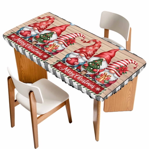 Christmas Table Cloths for 5 Foot Rectangle Tables, Gnomes Poinsettia Wooden Grain Black Check Patio Waterproof Elastic Fitted Tablecloths, Washable Rectangular Table Cover for Camping