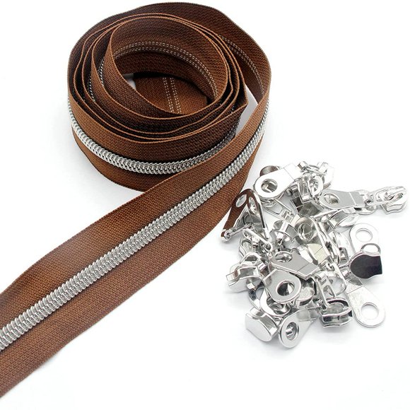 Bobina de nailon Zipper Leekayer #5, color plateado metalizado, 10 m, con 25 deslizadores
