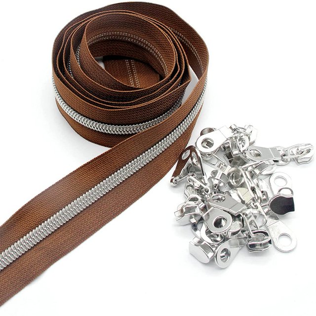Bobina de nailon Zipper Leekayer #5, color plateado metalizado, 10 m, con 25 deslizadores