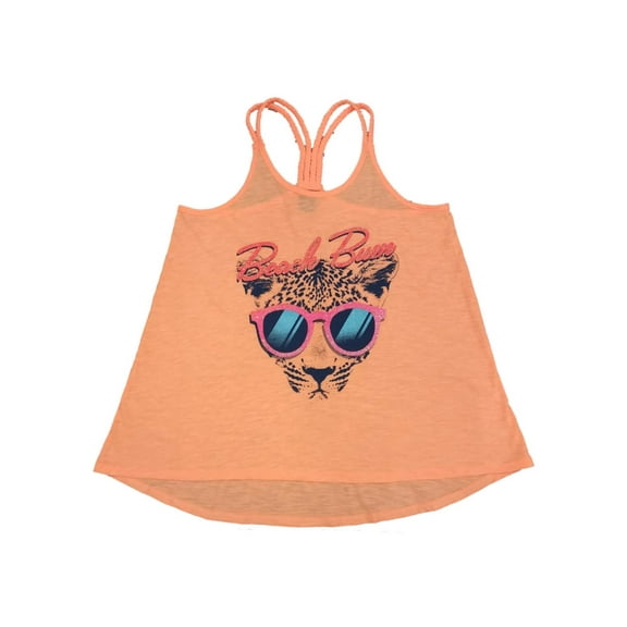 Girls Orange Glitter Beach Bum Tank Top T-Shirt Leopard Cat Semi-Sheer Top LP