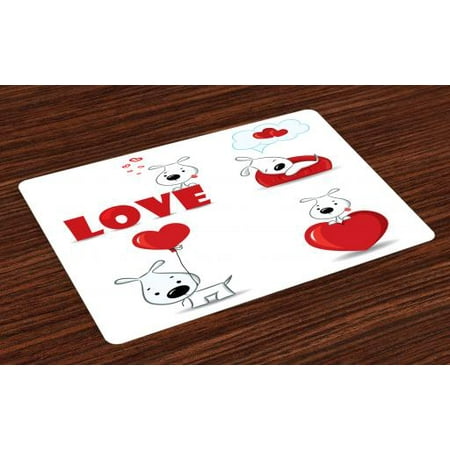 Love Placemats Set of 4 Set of Funny Dogs with Heart Symbols My Pet Best Friends Companions Ever Animal Theme, Washable Fabric Place Mats for Dining Room Kitchen Table Decor,Red White, by
