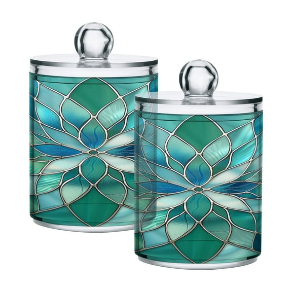 2 Pack Floral Stained Glass Qtip Holder Dispenser Clear Plastic Storage Apothecary Jars for Cotton Swabs Balls Pads Floss