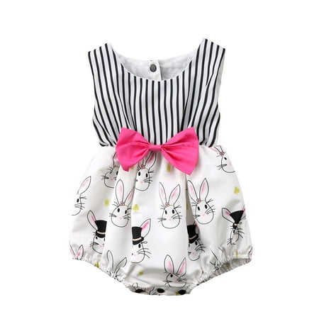 

Liliz Baby Girls Stripe Romper Easter Bunny Print Bodysuit Sleeveless One-piece Bowknot Clothes