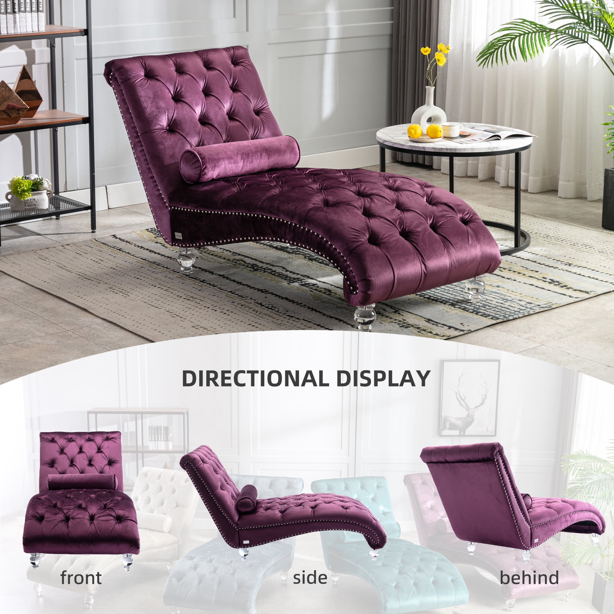 MOONMISS Velvet Chaise Lounge Chair Button Tufted Upholstered with Pillow Indoor