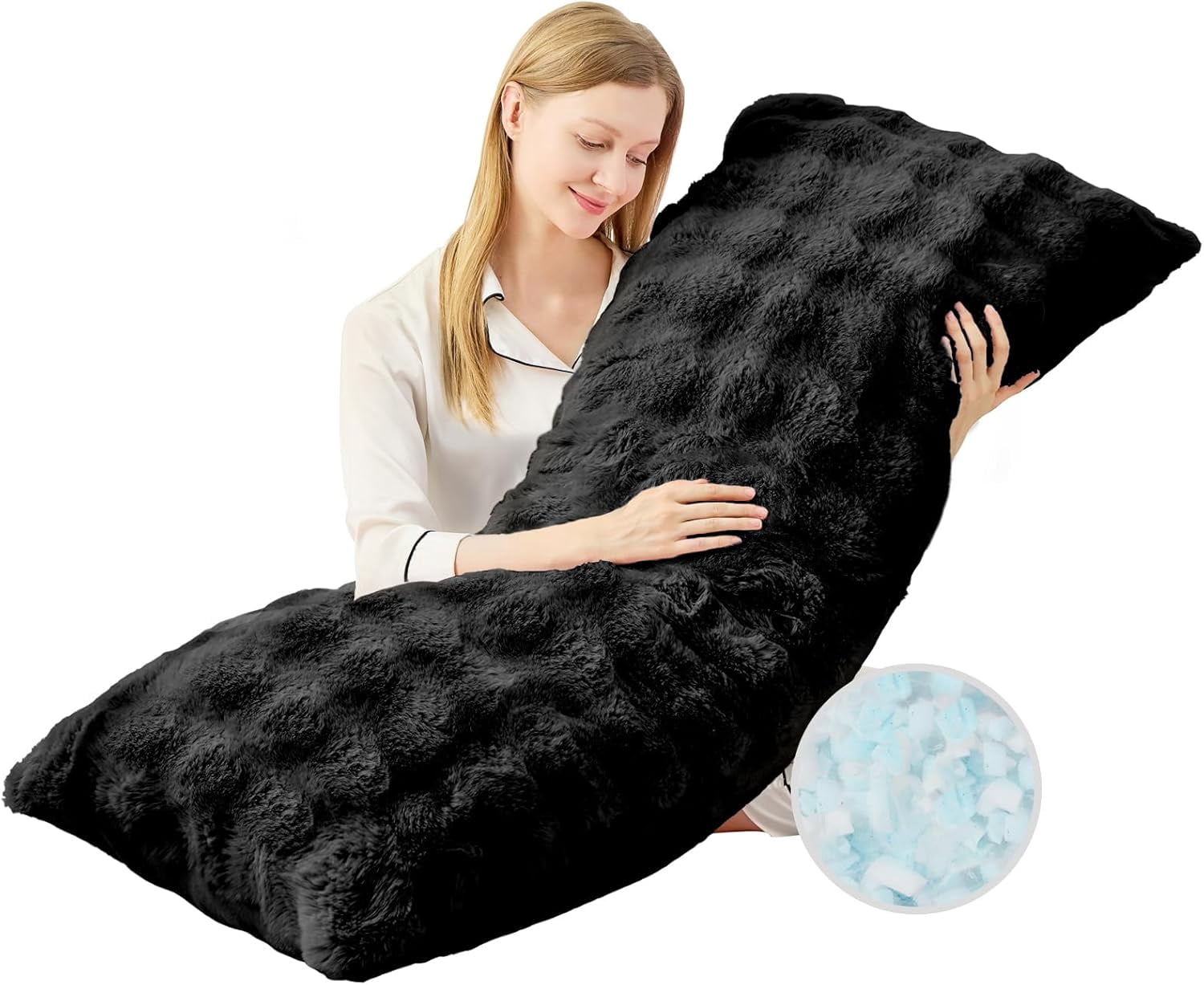 Faux Fur Body Pillow for Adults Adjustable Height Soft Support Side Sleeping Pregnant Women Washable Shredded Memory Foam Insert 20x54 Inch