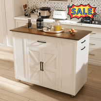 Tcbosik Kitchen Island with Charging Station and Wood Top on Wheels, 46 inch Rolling Storage Cabinet with 2 Doors and 3 Drawers, Modern Prep Table with Adjustable Shelf, White Walnut