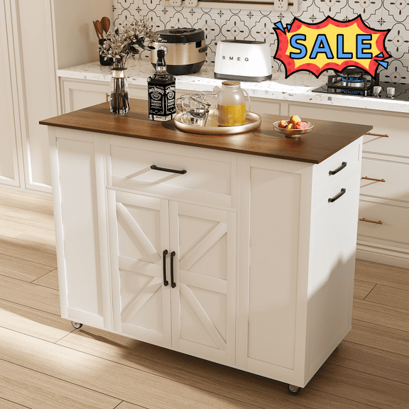 Tcbosik Kitchen Island with Charging Station and Wood Top on Wheels, 46 inch Rolling Storage Cabinet with 2 Doors and 3 Drawers, Modern Prep Table with Adjustable Shelf, White Walnut