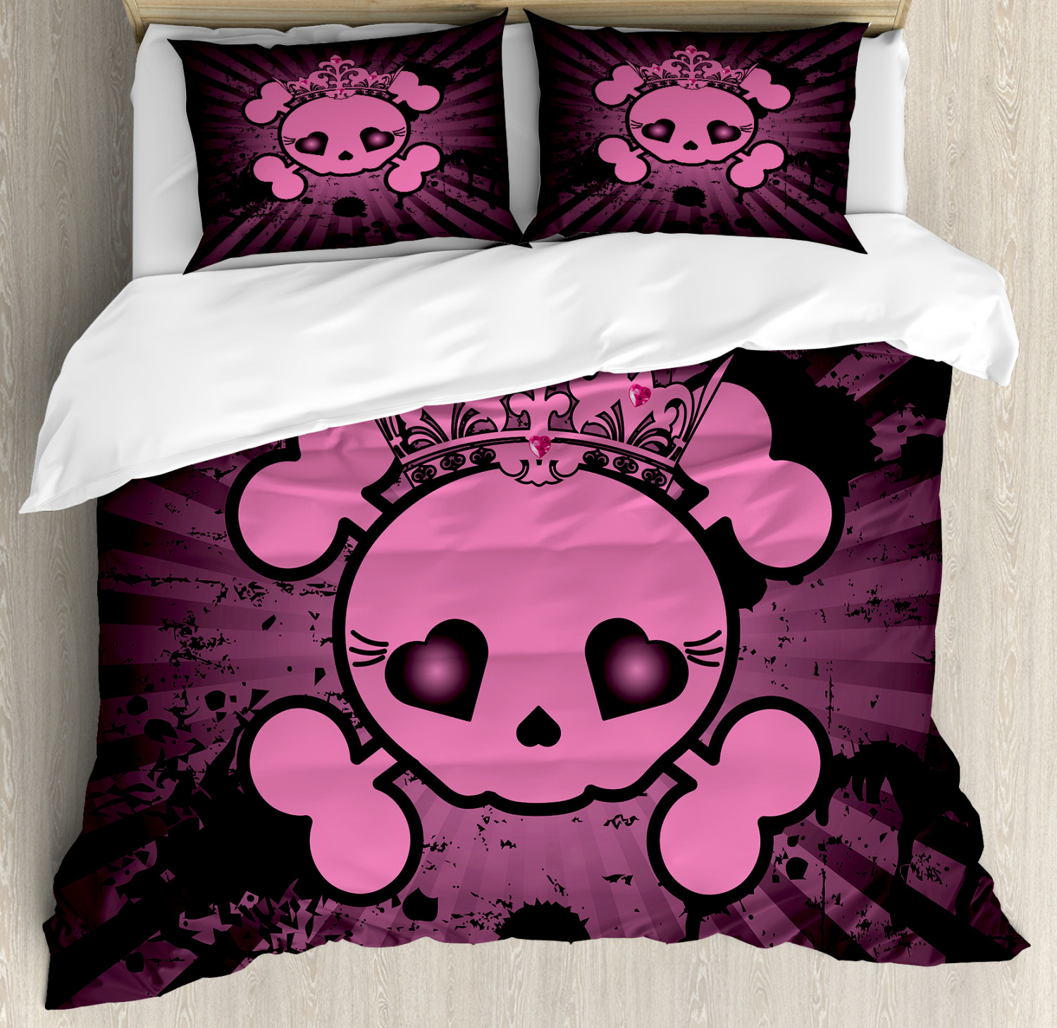 Ambesonne Skull Duvet Cover Set, Cute Skull Illustration with Crown Dark Grunge Style Teen Spooky Halloween Print, Decorative Bedding Set with Pillow Shams,