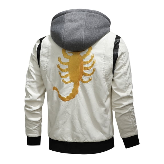 Men's Embroidered Patchwork PU Leather Jacket, Youth Motorcycle Coat, Detachable Hat, Fashionable Outerwear for Casual Wear