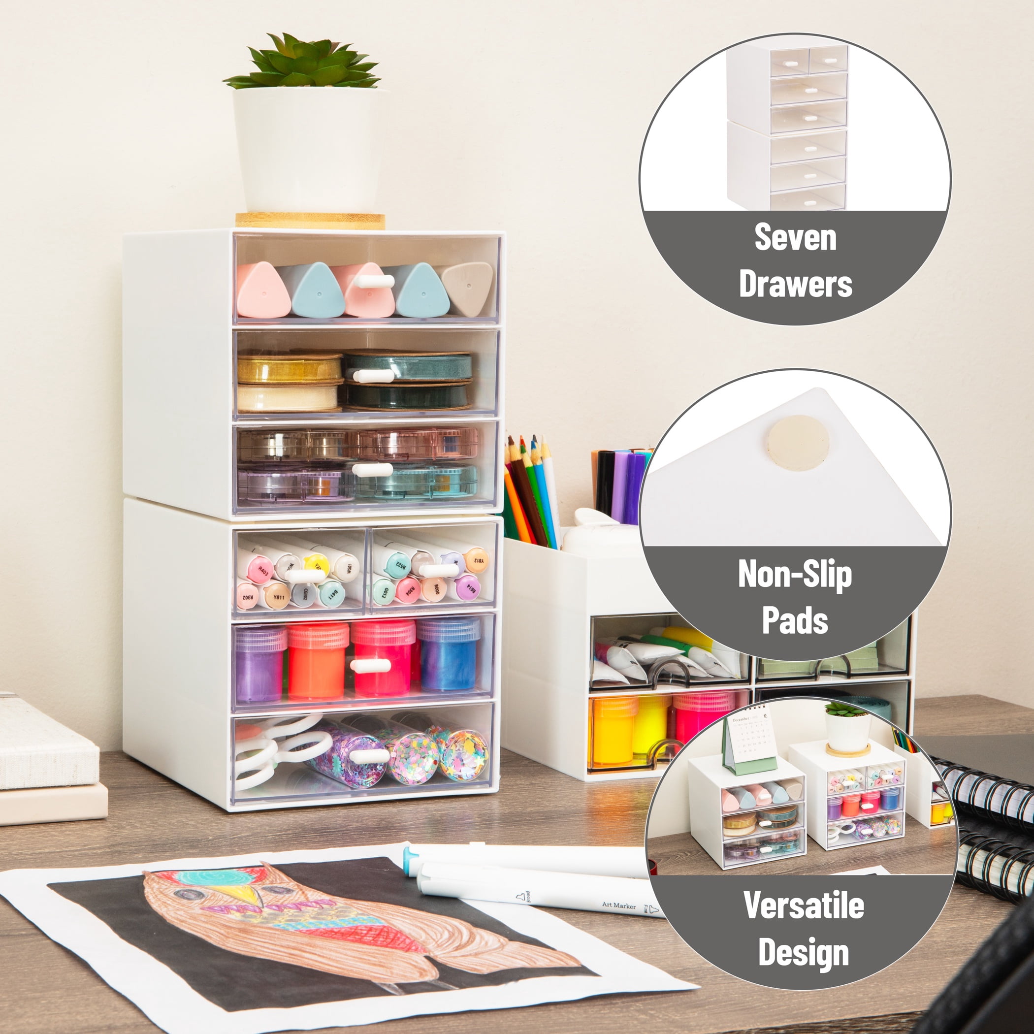 Mind Reader Stackable Craft Supply Organizer, 6 Drawer Desktop Storage with Clear Drawers, Plastic, Set of 2, White