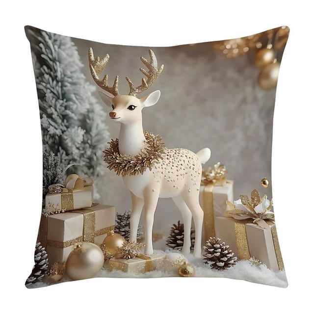Christmas Pillow Cover Set with Tree Reindeer Snowman Design for Sofa Couch Indoor Outdoor Decor 45 cm 17.72 in Multicolor Linen Polyester