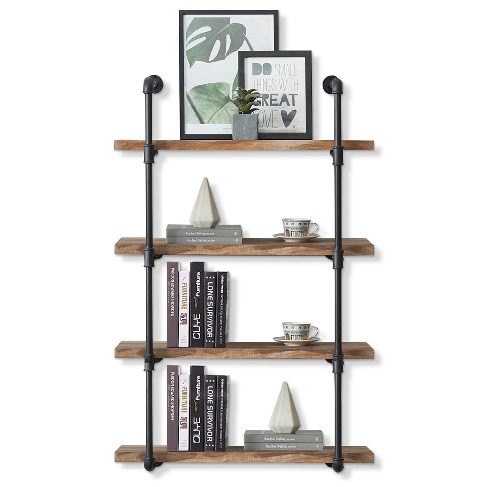 CASANUVA 31.5Inch Industrial Black Pipe Shelf with Retro Rustic Brown