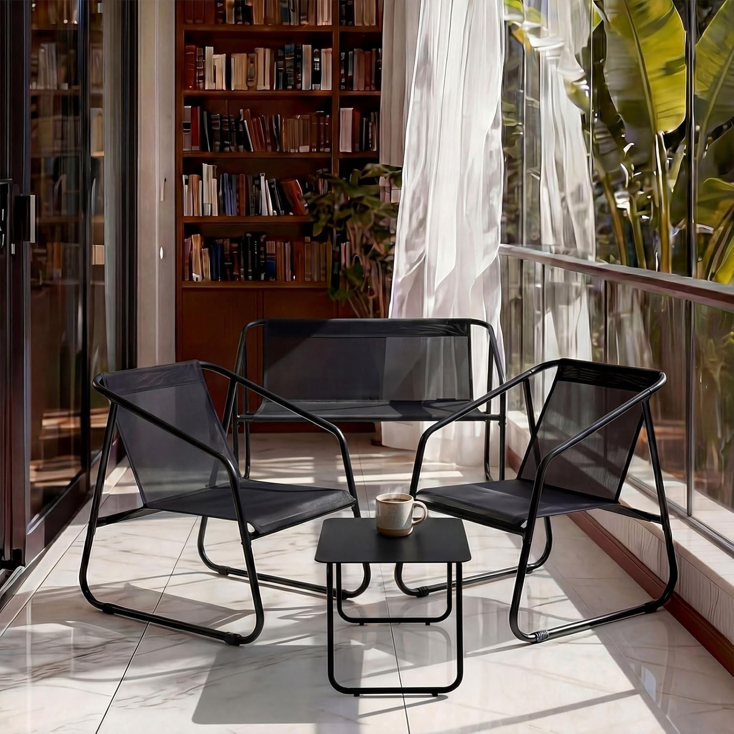 Atilioo 4 Piece Patio Furniture Set, Textilene Outdoor Furniture Set with Chairs & Table, Conversation Set for Lawn, Garden, Balcony, Yard, Poolside, Black