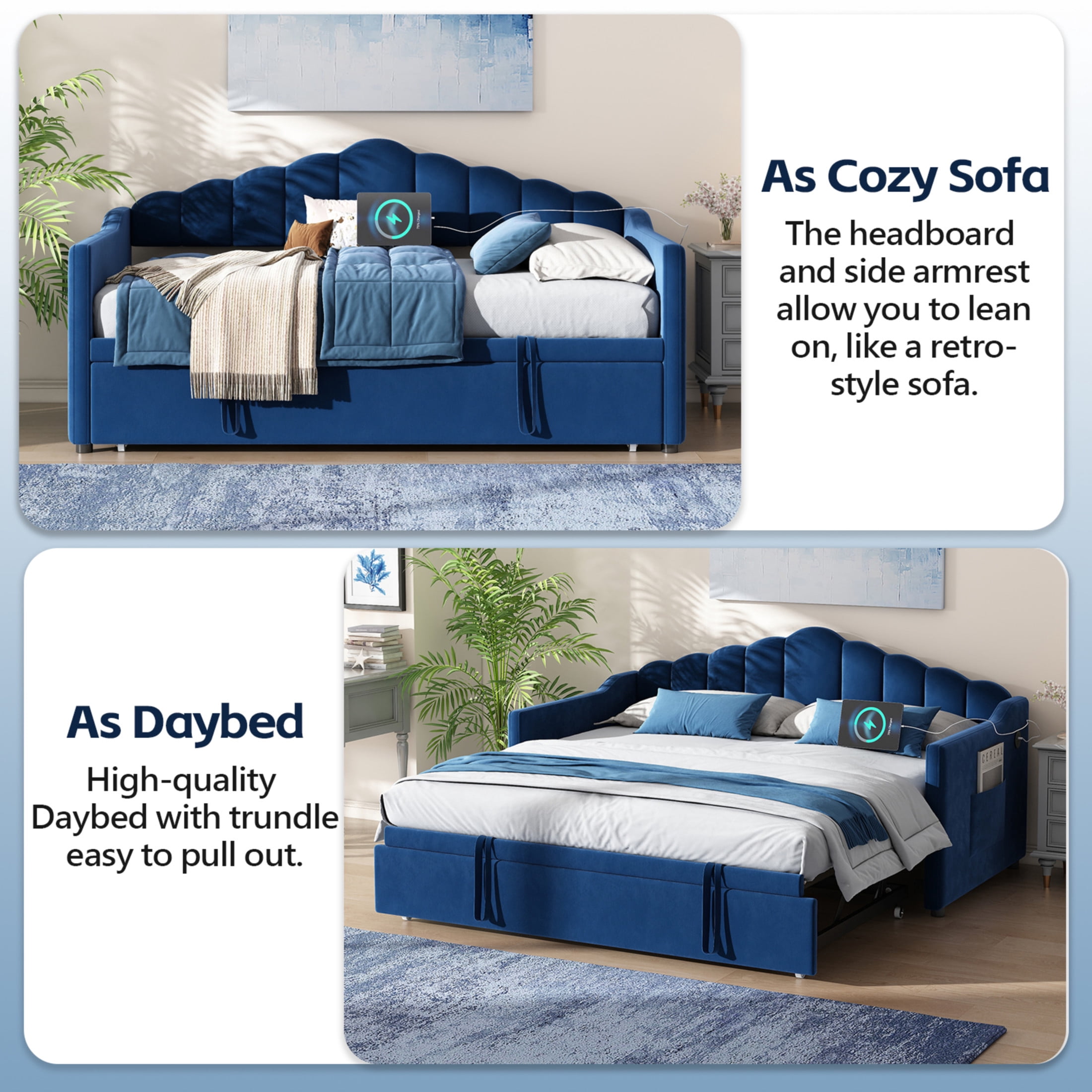 Noble House Twin Upholstered Daybed with Pop-Up Trundle, USB and Type-C Charging Ports, Blue