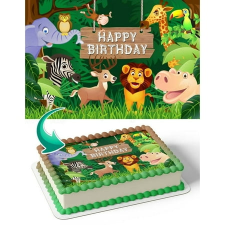 Wild Jungle Animals Happy Birthday Edible Image Cake Topper For Quarter Sheet Cake By TNCT