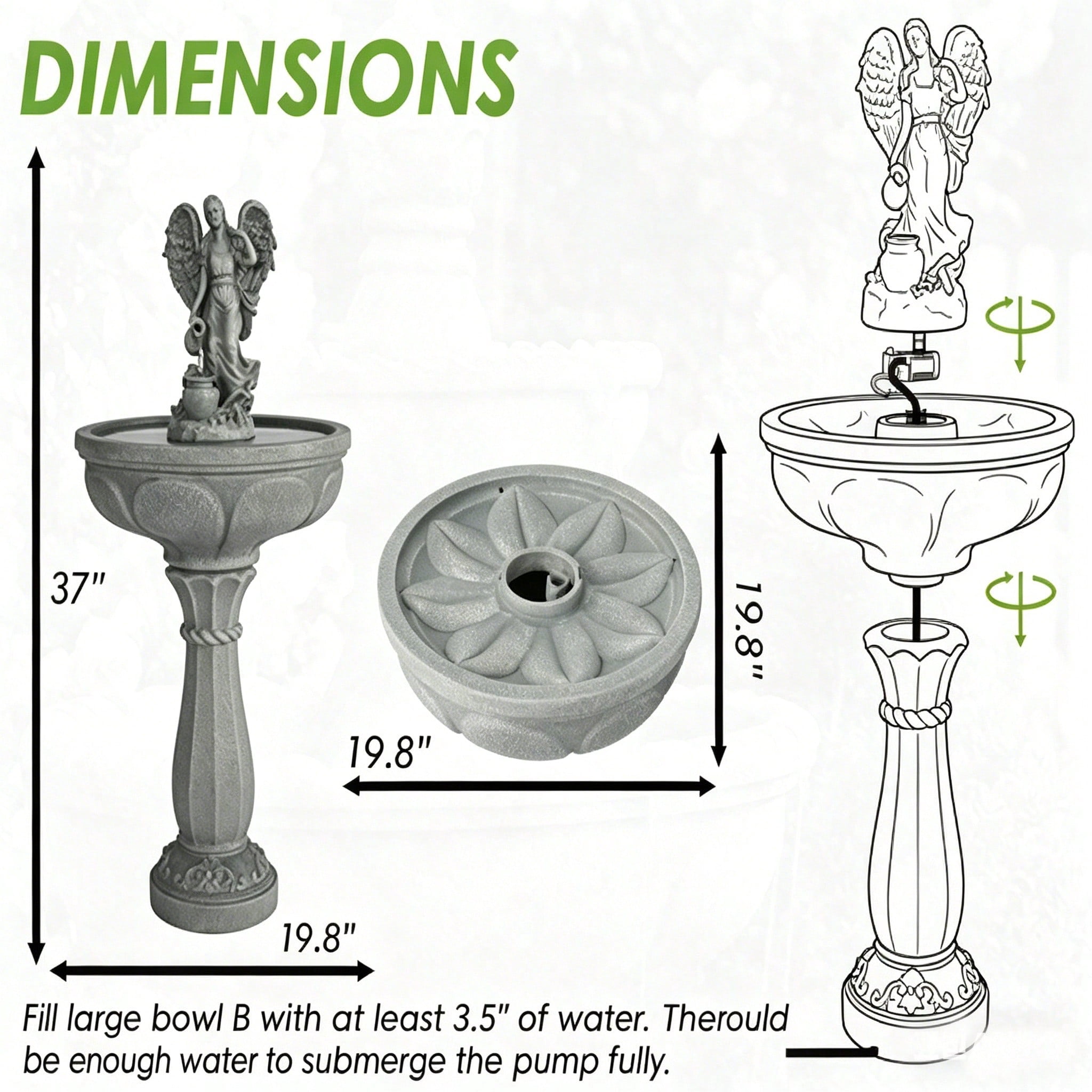 37 Inch Angel Statue Pedestal Water Fountain, 2-Tier Resin Outdoor Waterfall Fountain, UV & Weather Resistant, Auto Water Shortage Shutoff, Stable Anti-Splash Design for Yard Lawn Decor