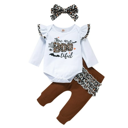 

FOCUSNORM Baby Girl Halloween Long Sleeve Pumpkin Ghost Print Romper Bell Bottom Pants