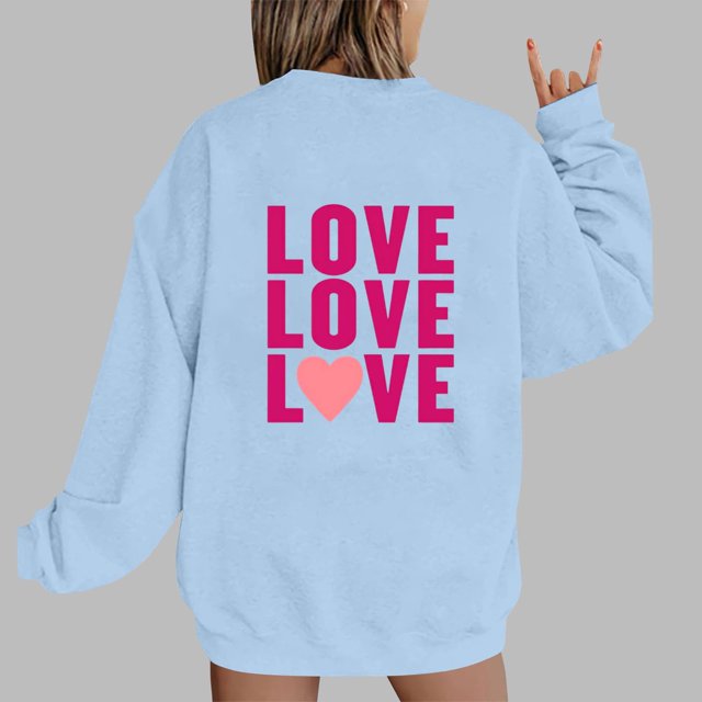 Jsaierl Sweatshirts à Manches Longues pour Femmes Saint-Valentin Mignons Cœur Graphique Tops Imprimé Lettre Pullovers Surdimensionnés Décontractés Col Rond Ample