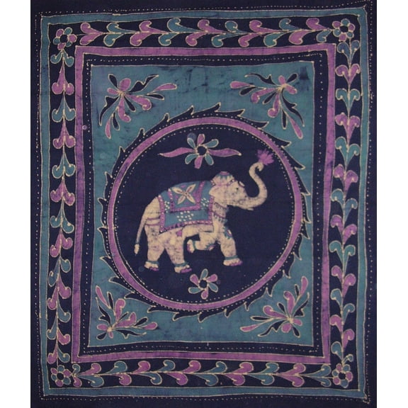 Lucky Batik Elephant Tapestry Cotton Bedspread  108" x 88" Full-Queen Blue