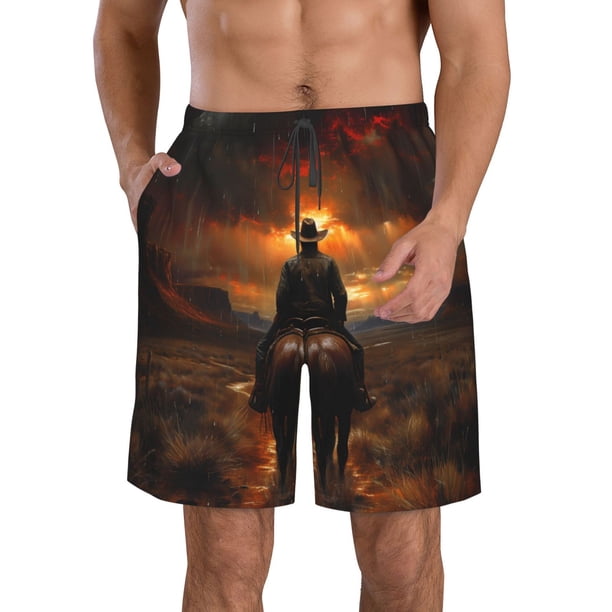 Balery Western Rainy Desert Cowboy Traje de Baño Estilo Hawaiano para Hombre, Shorts de Secado Rápido con Bolsillos-Medium