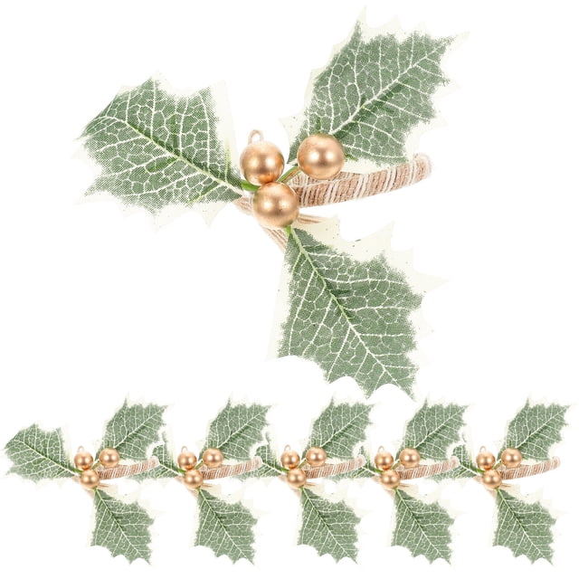 MasteelfCA 6pcs Napkin Buckles Christmas Simulated Green Leaves and Berry Design Napkin Rings