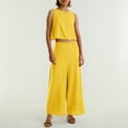 thumbnail image 3 of Conjunto de dos piezas de lino de color liso para mujer: top corto sin mangas con botones y pantalones de pierna ancha, tejido transpirable para el verano, 3 of 8
