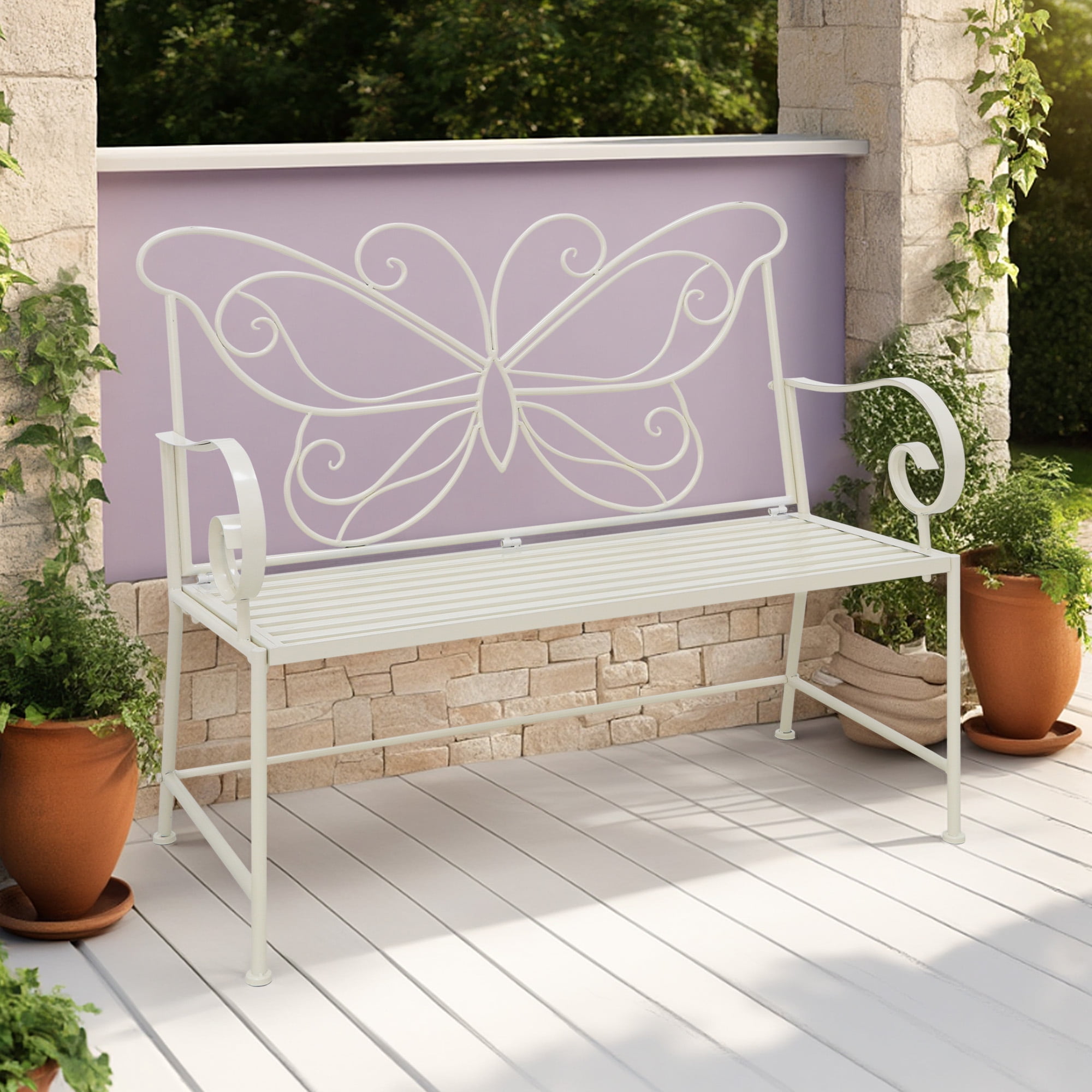 Abble 42" Outdoor Bench Metal Butterfly Design Patio Garden Bench for Porch Yard Lawn Patio Bench,  Ivory
