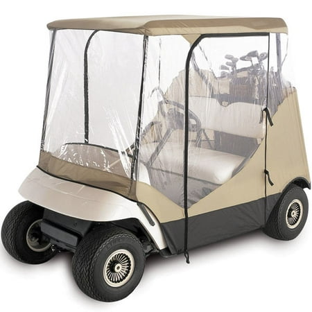 WATERPROOF SUPERIOR BEIGE AND TRANSPARENT GOLF CART COVER COVERS ENCLOSURE CLUB CAR, EZGO, YAMAHA, FITS MOST TWO-PERSON GOLF