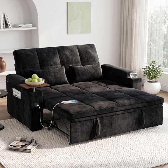AISWORD 65" 3‑in‑1 Pull‑Out Sleeper Sofa Bed, Chenille Convertible Loveseat with USB Port, Rotating Side Table, Cup Holders for Small Spaces, Black