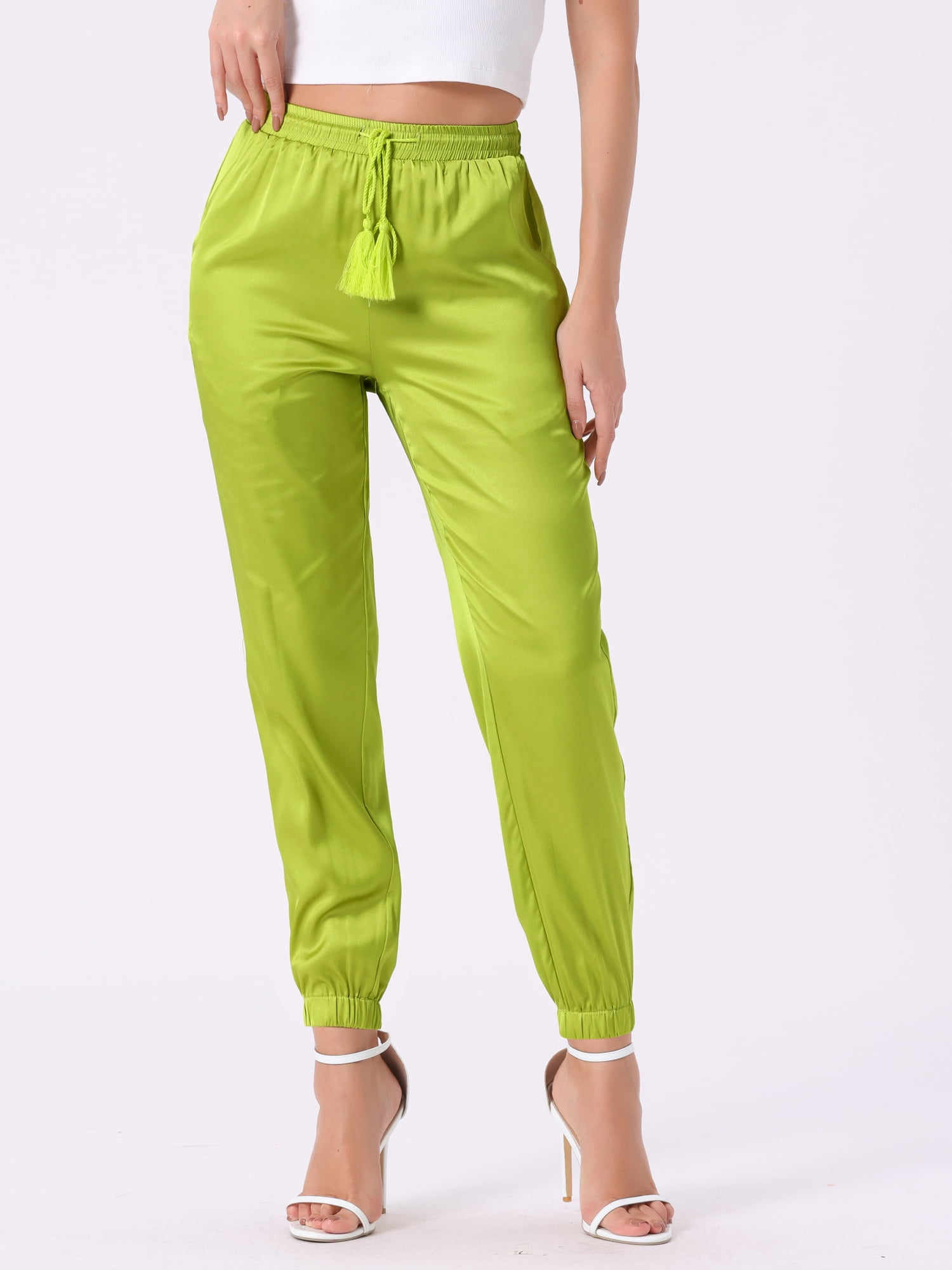 DARING DIVA Women's Satin Straight Leg Ankle Length Joggers Small Fluorescent Yellow