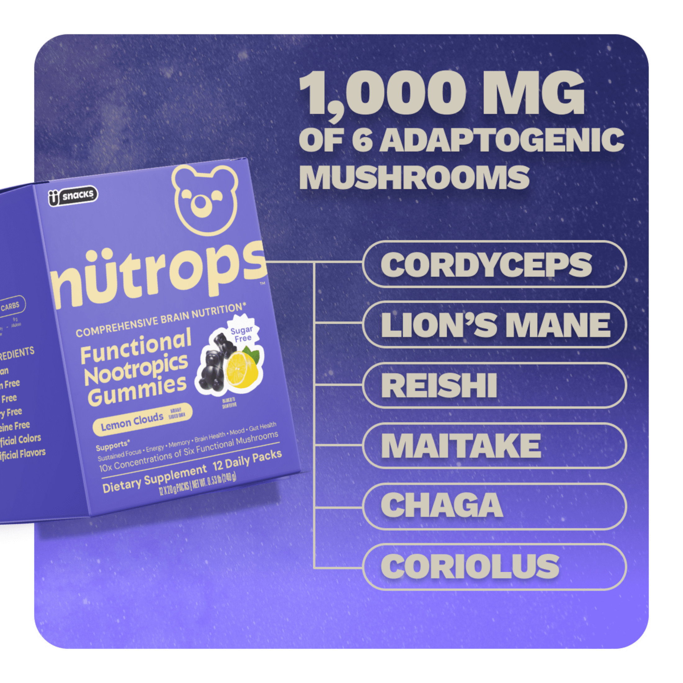 (2 pack) Nutrops by Gruns - Sugar Free Nootropic Mushroom Gummies for Cognitive Support, 12 Count