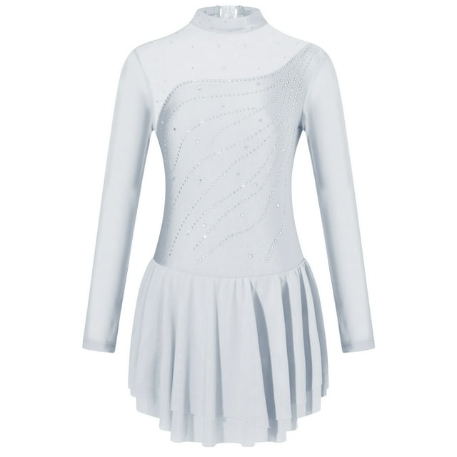 Kvysinly Robe de Patinage Artistique pour Filles, Strass, Manches Longues, Ballet, Danse, Gymnastique, Tutu, Justaucorps, Costume de Compétition, Blanc, 12
