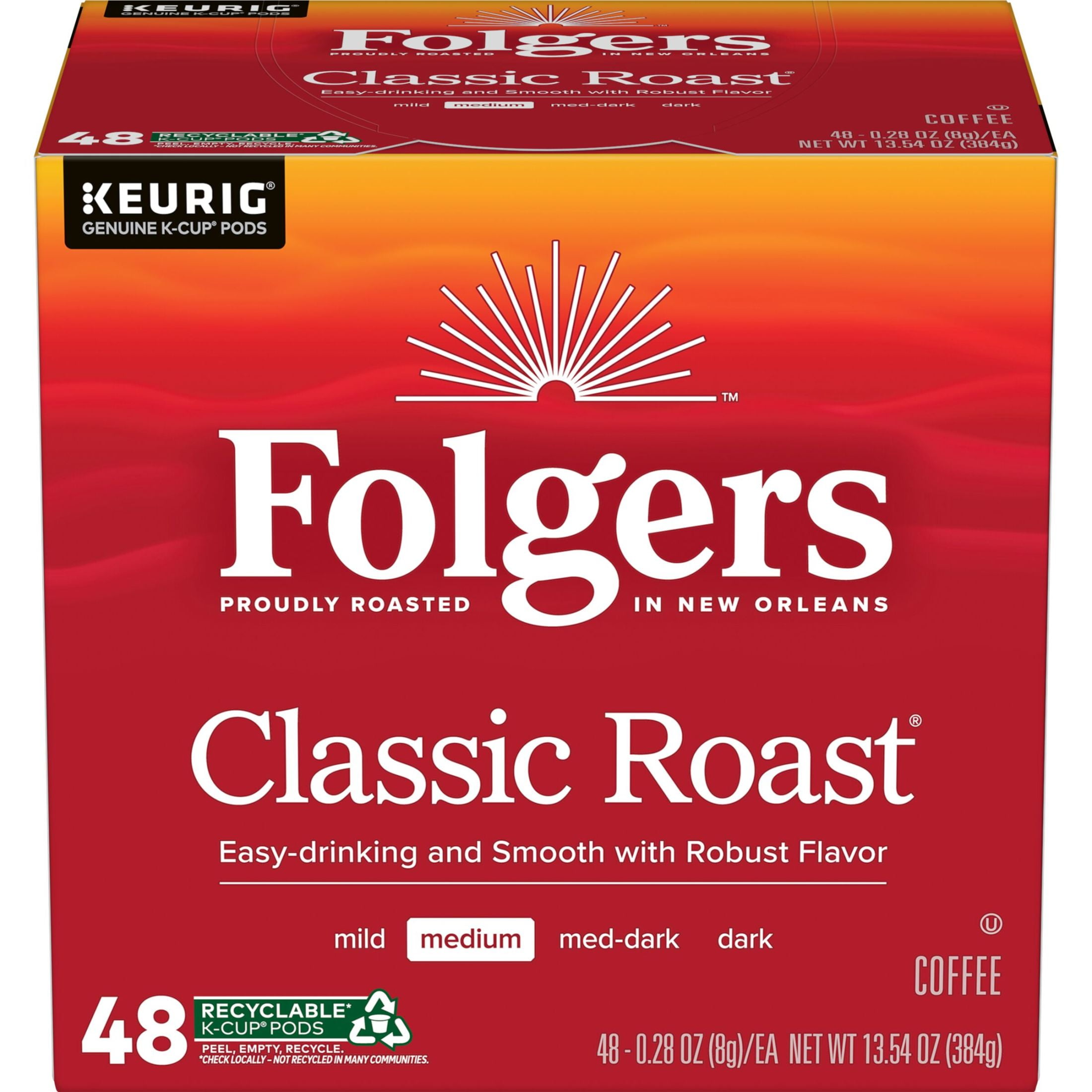 (2 pack) Folgers Classic Roast, Medium Roast Coffee, Keurig K Cup Pods, 48 Count Box