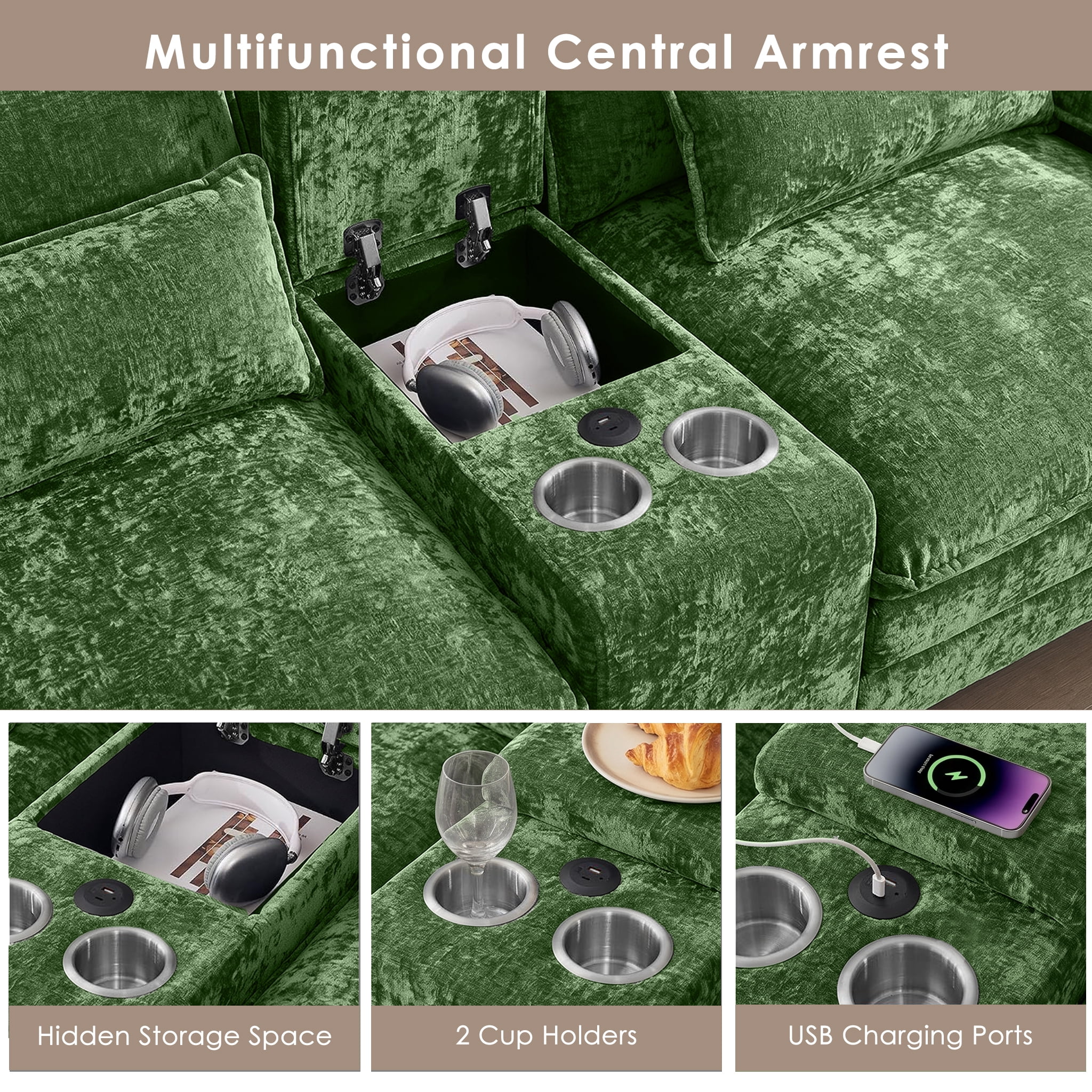 AISWORD U Shaped Cloud Couch Sectional, Oversized Modular Sofa with USB Charging, Hidden Storage, Cup Holders & Double Chaise for Living Room, Green