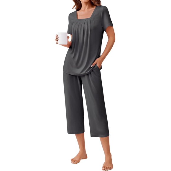 Ekouaer Pajama Set for Women Short Sleeve Top with Capri Pants Pjs 2 Piece O Neck Loungewear Soft Sleepwear with Pockets